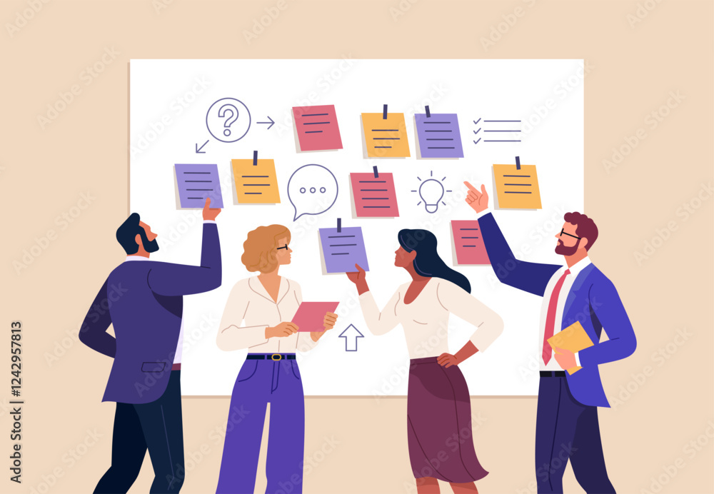 Poster business workshop concept. vector cartoon illustration of a close-up group of diverse people standin