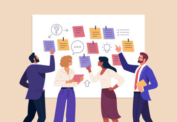 Business Workshop Concept. Vector cartoon illustration of a close-up group of diverse people standing near a board with sticky notes and discussing an idea. Isolated on background.