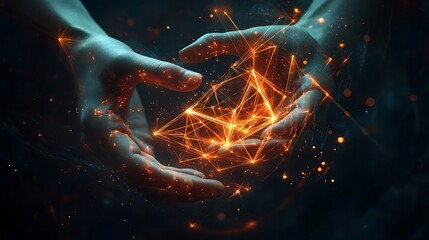 Hands connected in a perfect ring, with radiant lines and intricate triangular designs flowing outward, while a cascade of glowing particles adds depth and vibrancy.