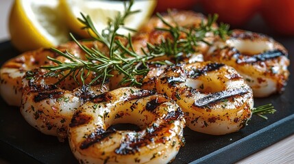 Squid rings with grill stripes on a black board on a white background.