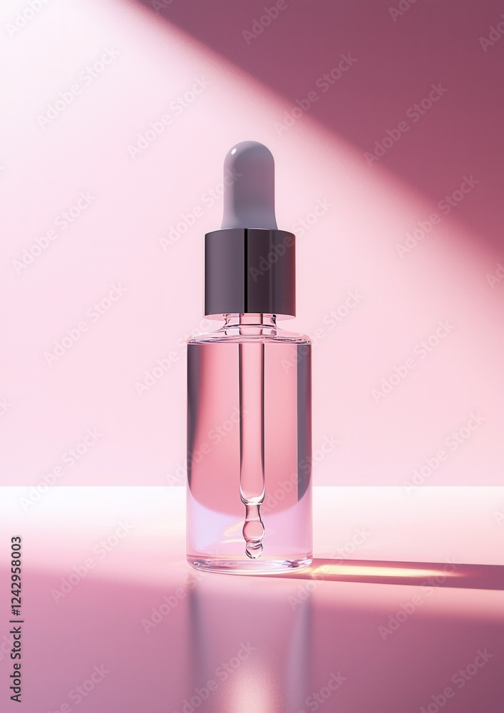 Poster 3d rendering of a glass dropper bottle with a black cap. the bottle is placed on a pink background w