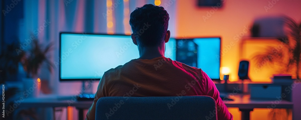 Leinwandbilder Programmer working from home office on desktop computer at night