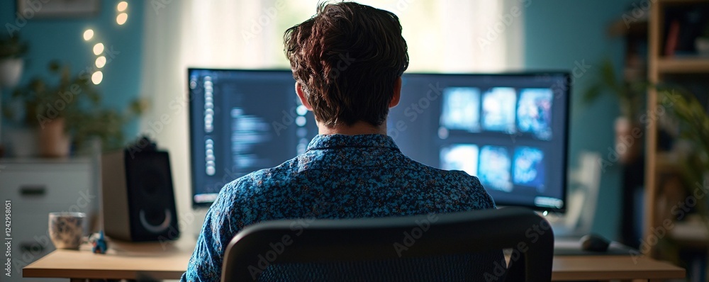 Poster Software developer concentrating on his code on computer screen working from home office