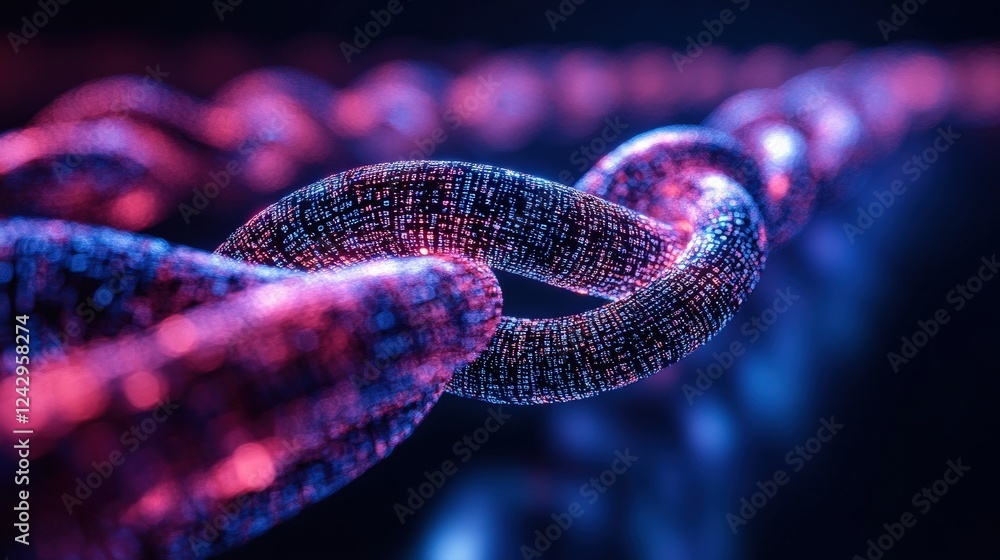 Aufkleber close-up view of a futuristic digital chain link illuminated with vibrant colors in a dark backgroun