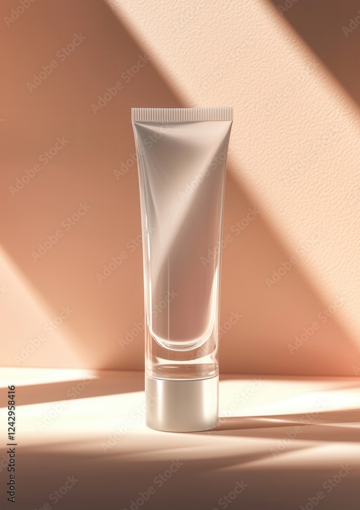 Poster 3d rendering of a tall glass tube with a white cap. the tube is placed on a light pink background wi