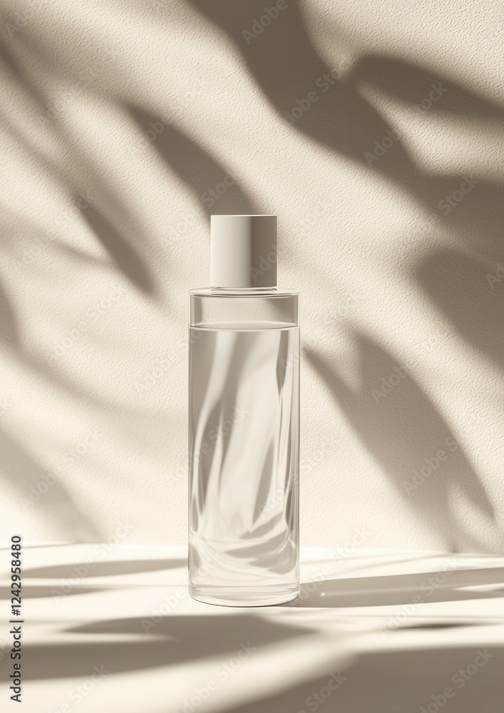 Aufkleber 3d rendering of a glass bottle with a white cap. the bottle is placed on a white surface with a beig