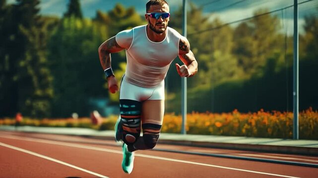 A determined athlete with a prosthetic leg sprinting on a track, showcasing strength, speed, and resilience in sports.