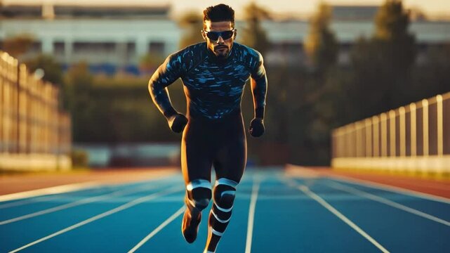 A determined athlete with a prosthetic leg sprinting on a track, showcasing strength, speed, and resilience in sports.