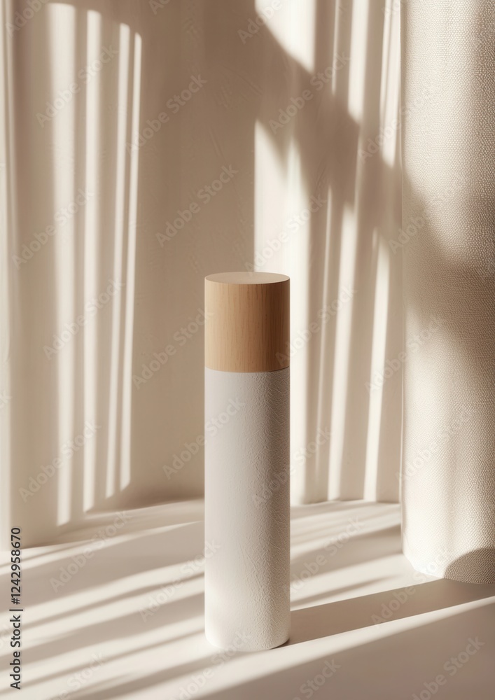 Poster white cylindrical object with a wooden lid on top, sitting on a window sill. the object appears to b