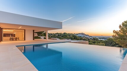 Fototapeta premium Modern White Villa with Infinity Pool at Sunset