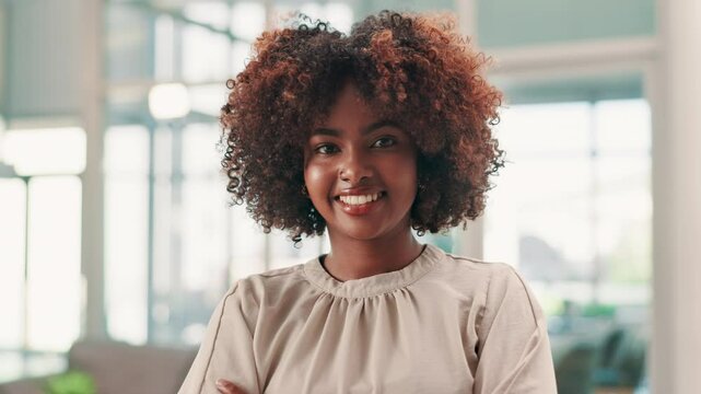 Business, face and woman with arms crossed in studio for finance internship, career development and pride. Financial advisor, african person and happy at corporate agency with about us or opportunity