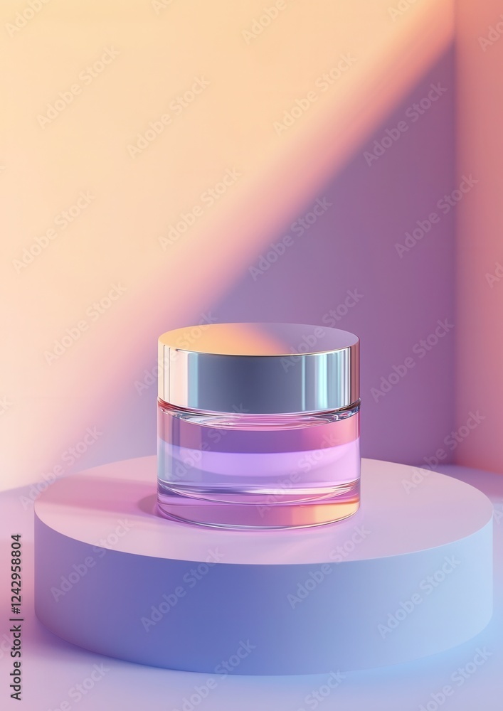 Poster 3d rendering of a cosmetic jar on a white pedestal. the jar is round and has a silver lid with a pin