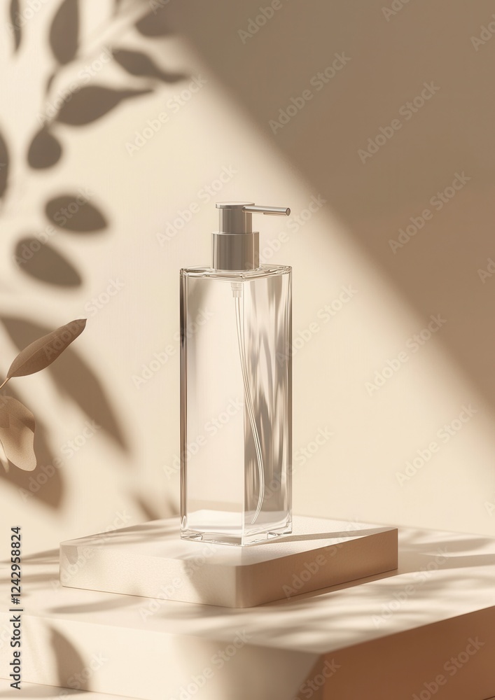 Poster modern glass soap dispenser on a white surface. the dispenser is cylindrical in shape with a silver 