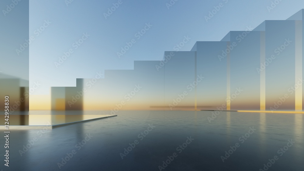 Fototapete 3d illustration of abstract minimal architecture background, geometric architectural with chrome or glass design