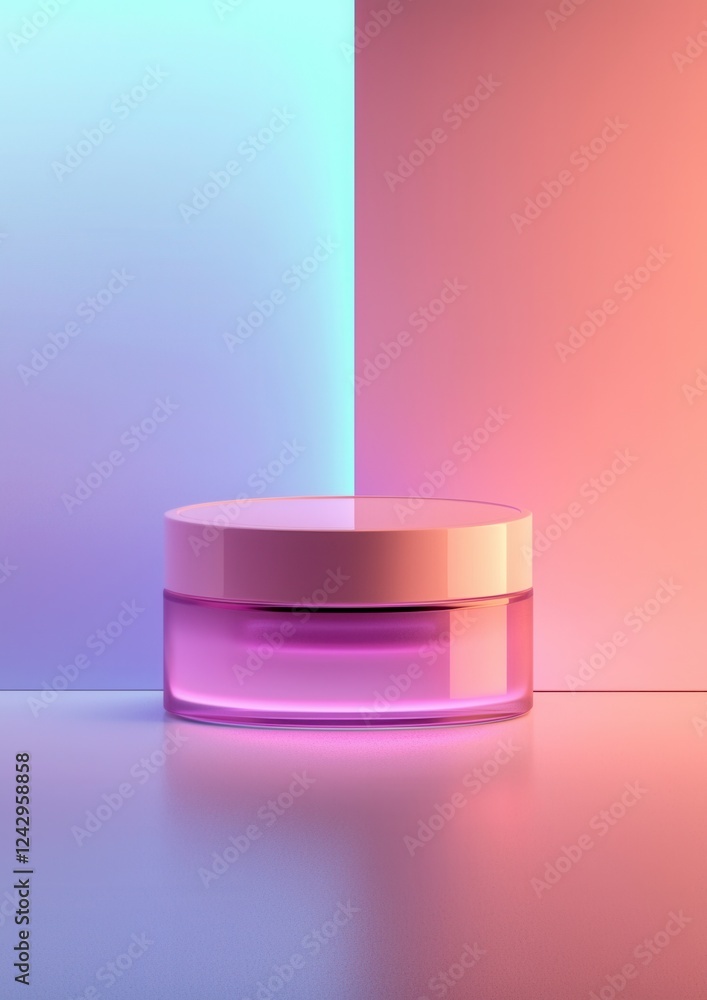 Poster 3d rendering of a round, transparent jar with a lid. the jar is placed on a pink and blue gradient b