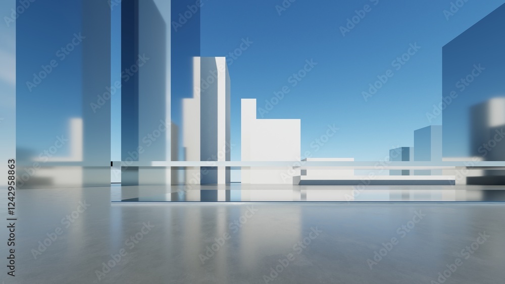 Aufkleber 3d illustration of abstract minimal architecture background, geometric architectural with chrome or 