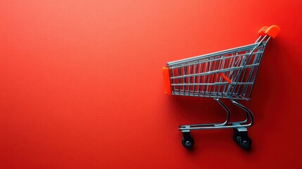 Small Empty Shopping Cart on Red Background E commerce Retail Sales Concept