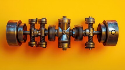 Heavy construction machinery engine with pistons and moving parts, displayed against a bold yellow background