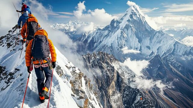 A group of climbers ascending a narrow, snowy ridge with breathtaking mountain peaks in the background under clear blue skies.
