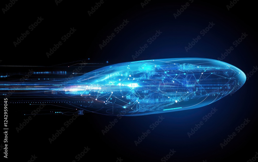 Poster blue, data network node flies through black. for tech visuals