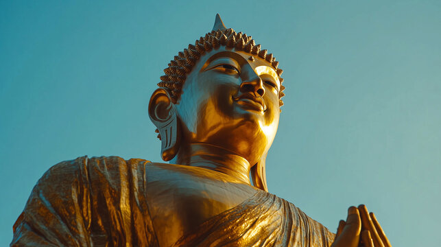 Monywa Buddha, the giant standing Buddha statue in Monywa towers high under the clear blue sky, Ai generated images