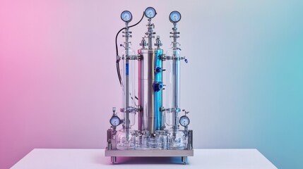 Fototapeta premium Industrial chemical mixing machine with multiple pipes and gauges, all in a modern chemical plant setting with a colored background