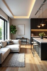 Stylish living room seamlessly flows into modern kitchen , furniture, texture, clean
