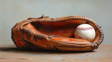 Vintage Baseball Glove and Ball Still Life Rustic Leather Texture Aged Sports Equipment