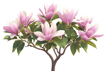 Obraz premium Graceful Pink Magnolia Tree Full Bloom with Lush Green Leaves in Spring
