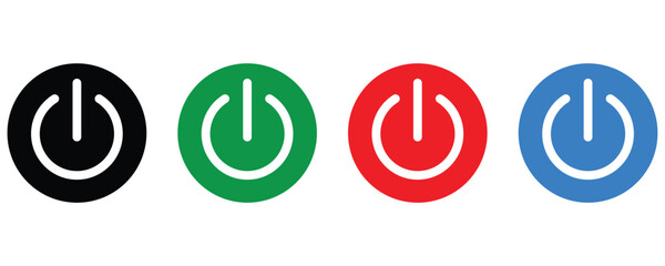 Power button icons vector, start push power button in red, green, blue and black colors isolated on white background.