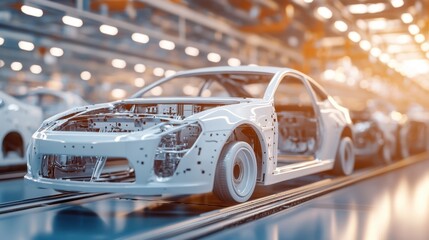 Fototapeta premium Inside a modern car manufacturing factory with a robotic assembly line assembling vehicle parts in a clean environment.