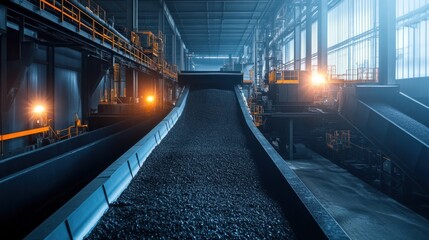 Obraz premium Large conveyor belts transporting coal inside a power generation facility