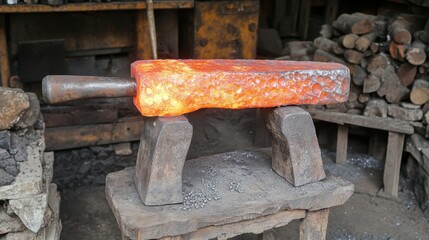 Large metal forging hammers pounding heated steel into shape in a heavy industry plant