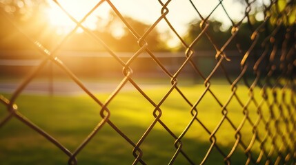 Fototapeta premium Golden Hour Through the Fence: A Captivating View of a Lush Green Field Bathed in the Warm Glow of Sunset