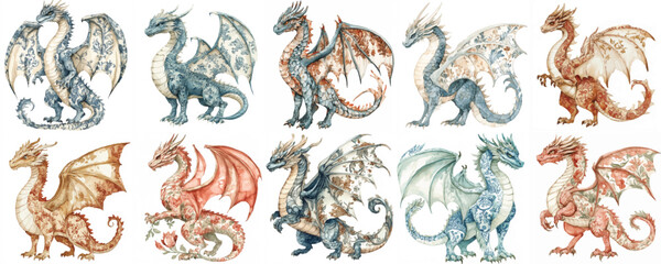 Chinoiserie Dragon Set Clipart Vector Illustration &ndash; Elegant Oriental Dragons in Traditional Art Style