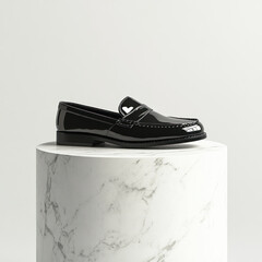 black men loafer with glossy finish and heart detail is displayed on marble pedestal, showcasing its elegant design