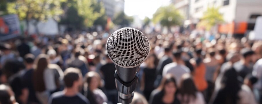 Microphone standing in front of crowd at protest march