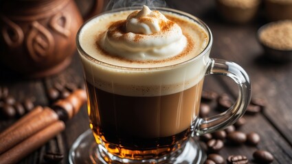 Frothy coffee with cream and cinnamon on rustic table