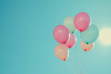 Soft Pastel Balloons in a Clear Sky with Vibrant Blue, Generative AI