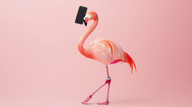Flamingo Holding Smartphone with One Foot in a Fun, Quirky Pose, Generative AI