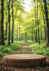 Fototapeta premium Round Wooden Podium in a Lush Forest with a Vibrant Green Background