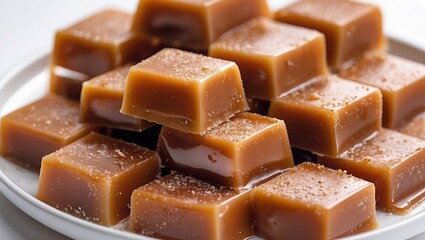 Decadent caramel squares on a white plate with sea salt