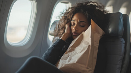 Girl on plane suffers from nausea. Woman with aerophobia during flight. Woman is sick and afraid.