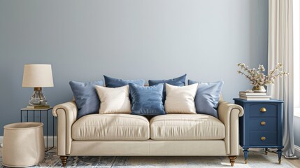 Trendy Minimalist Living Room Decor featuring Sky Blue Throw Pillows, Beige Sofa, and Vintage Navy Blue Side Table