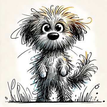 Adorable, scruffy cartoon dog with big eyes and a questioning expression. Funny, quirky pet illustration for cards, prints, or children's books.