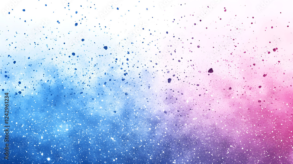 Poster abstract gradient background with blue and pink watercolor splashes and scattered white dots resembl