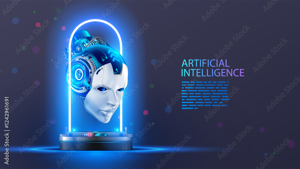 Poster AI or artificial intelligence in image ai robot head hover over podium in virtual cyberspace. Humanoid face of ai cyborg with electronic brain or mind. Artificial neural network computer on podium.