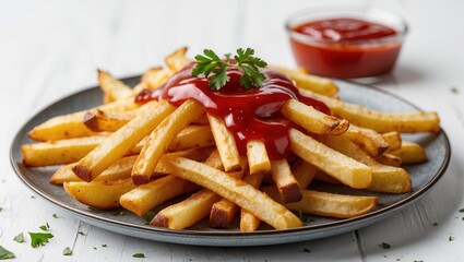 Golden French fries with ketchup on gray plate, garnished with parsley, served with side ketchup.