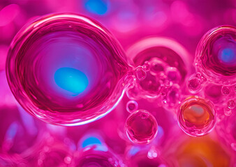 Abstract Pink and Blue Liquid Bubbles Macro Close up Vibrant Colors Fluid Dynamics Cell like