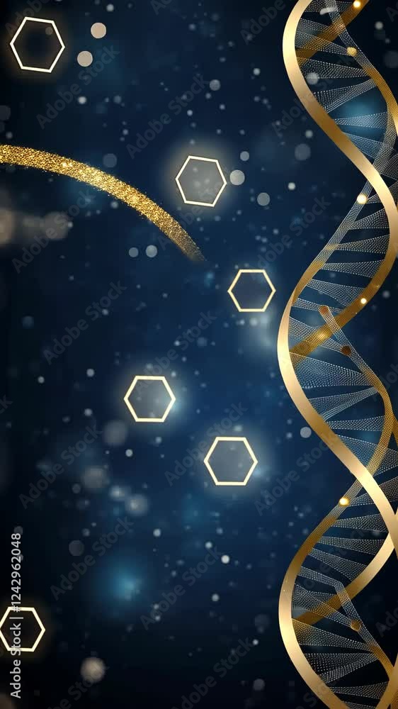 Poster the clip features golden dna strands and sparkling hexagons on a dark blue background, creating a ca